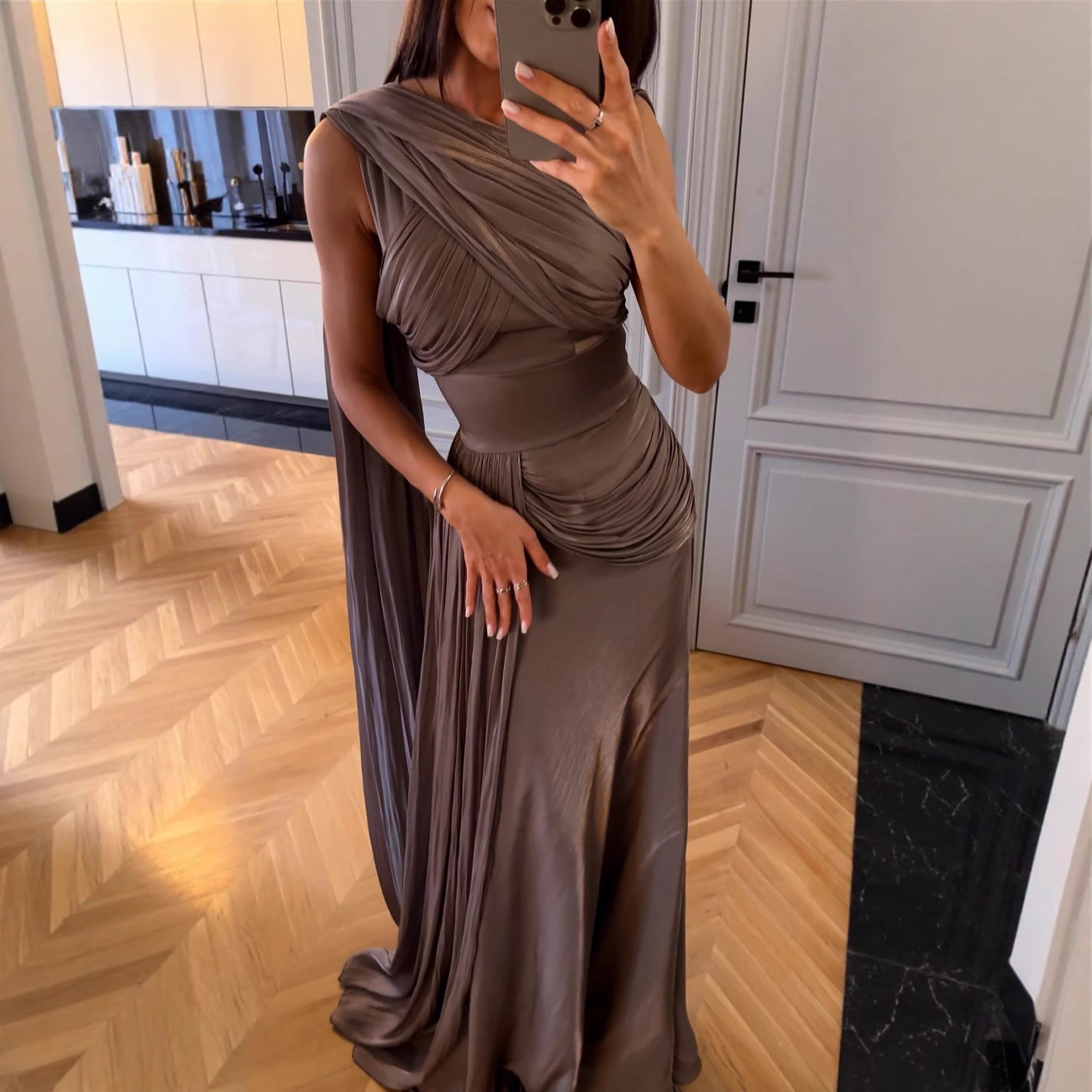 Pleated Gown with side cape in satin