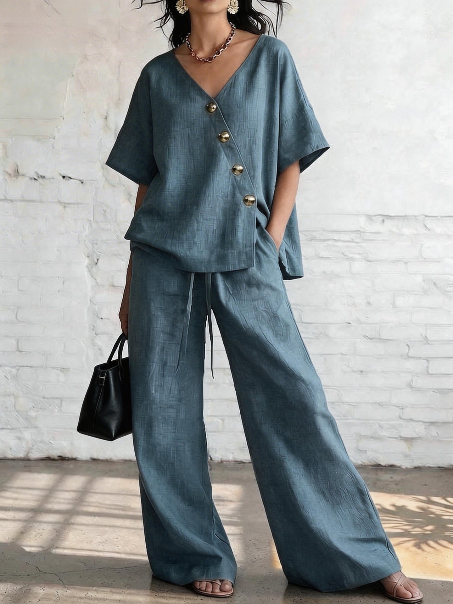 V-Neck Top & Wide-Leg Pants -Co ord Set in Loose Fit