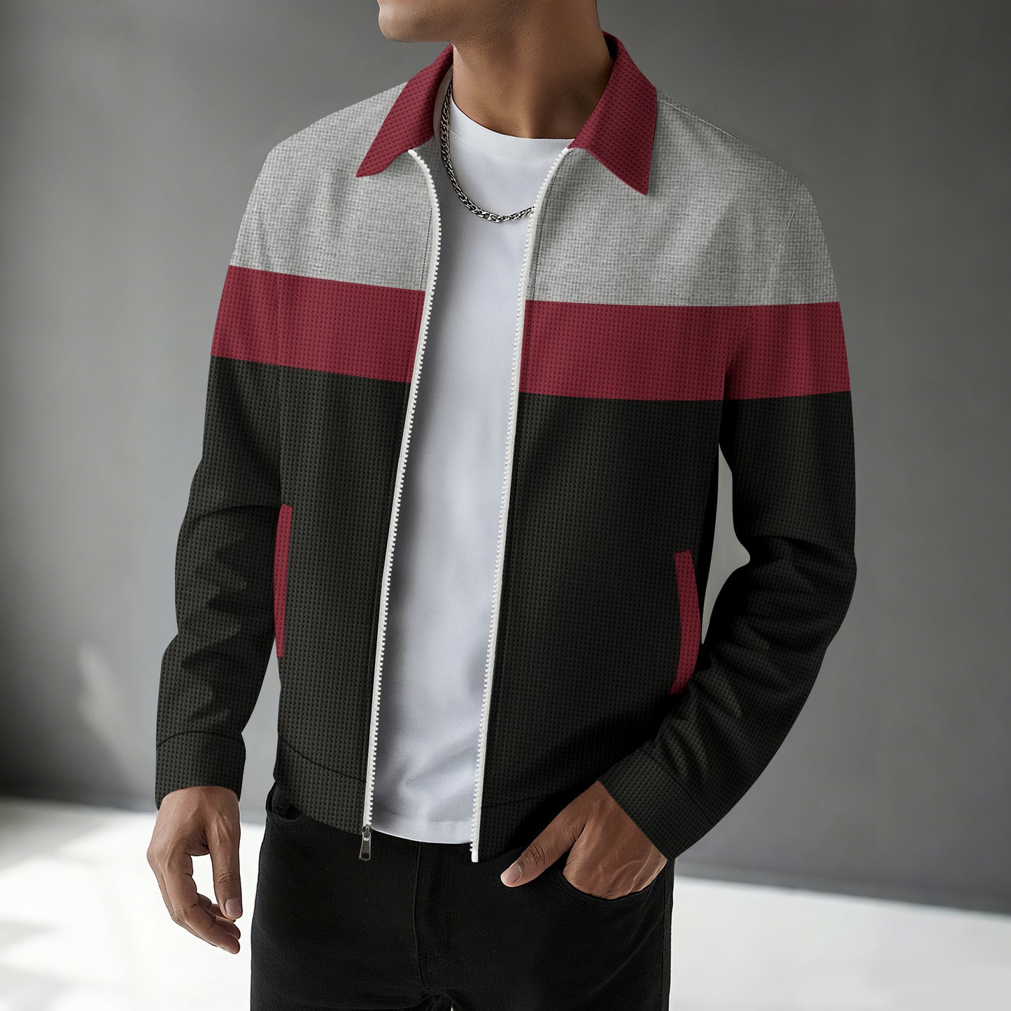 Waffle-knit Colorblock Cardigan With Zippered Pockets And A Notched Collar