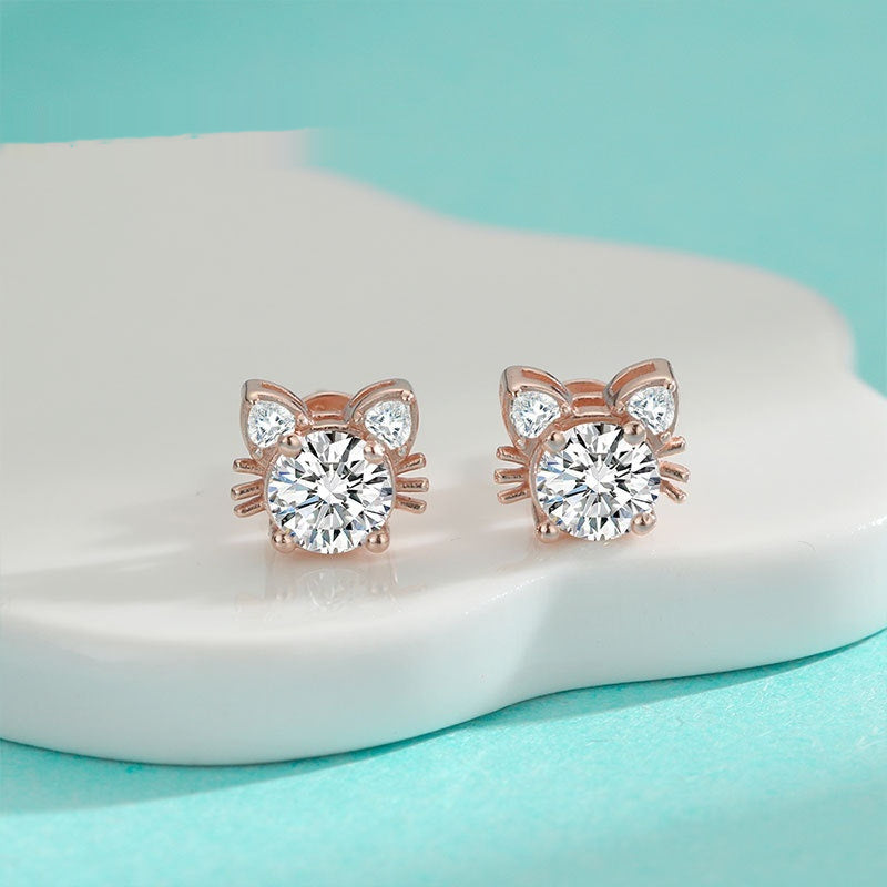 Sterling Silver Moissanite Cat Stud Earrings