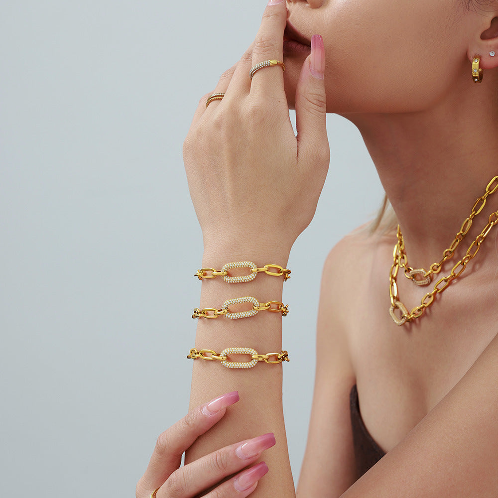 Titanium Steel Jewelry Stainless Steel Micro-pave Zircon Clavicle Necklace And Bracelet