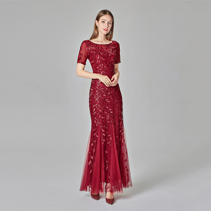 Gauze Sequin Evening Dress Fish tail Dress