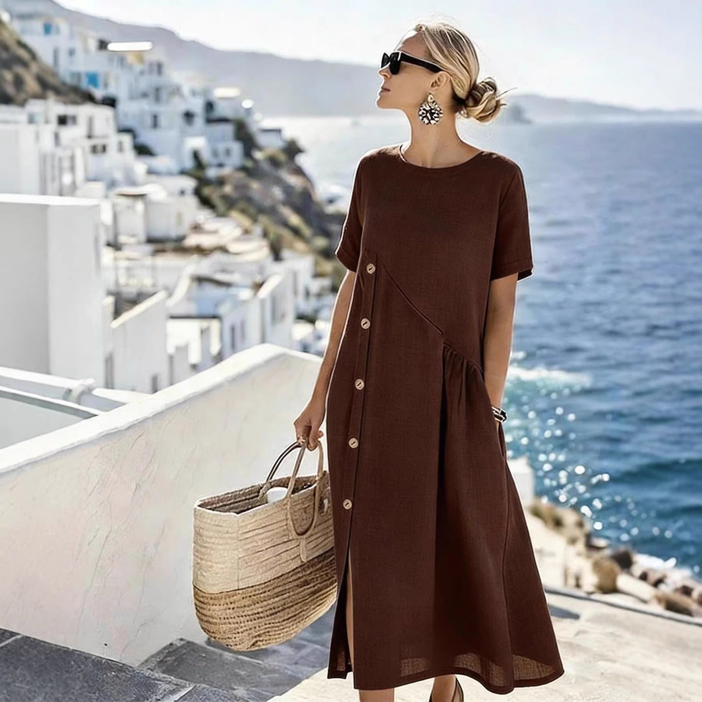 Button embellished pleated pocket mid-length dress