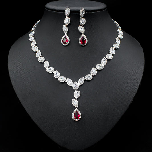 Colorful Zircon Necklace Earrings Clavicle Chain Noble Luxury Wedding Dress Three-piece Set