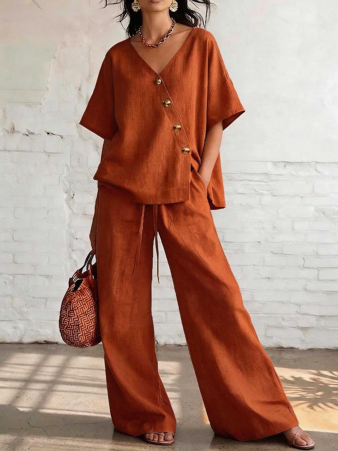 V-Neck Top & Wide-Leg Pants -Co ord Set in Loose Fit