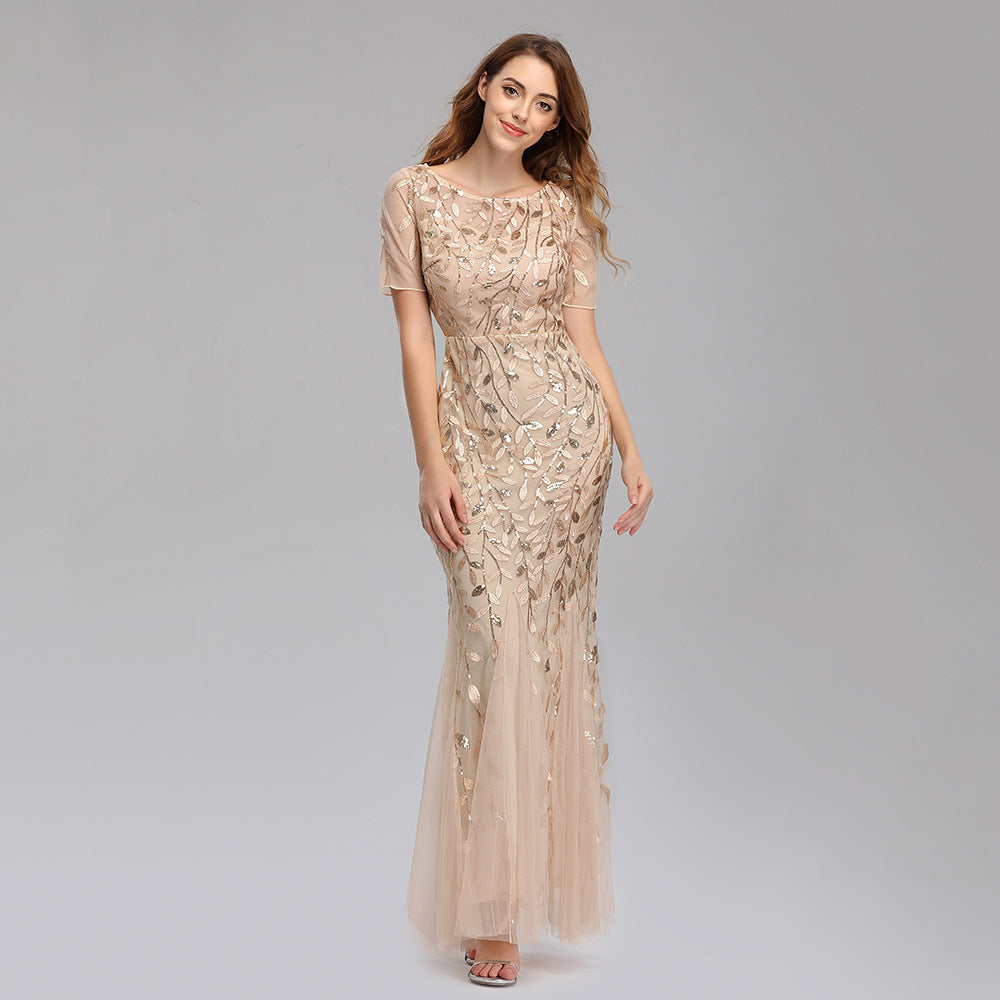 Gauze Sequin Evening Dress Fish tail Dress