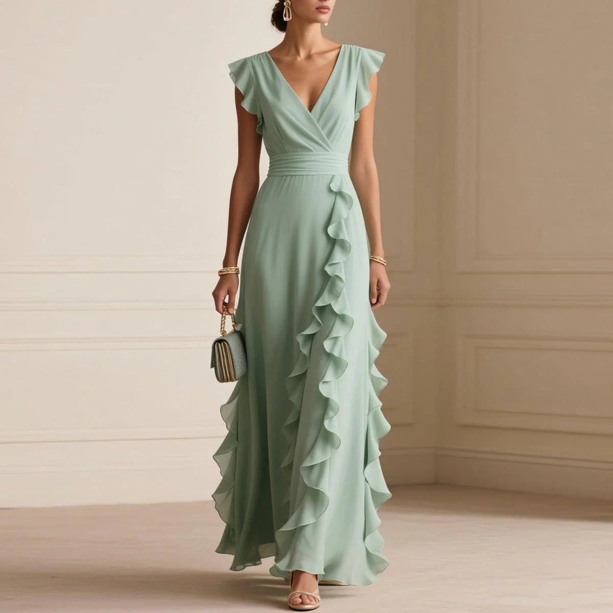 Solid Color Pleated Short Sleeves V-neck Dress