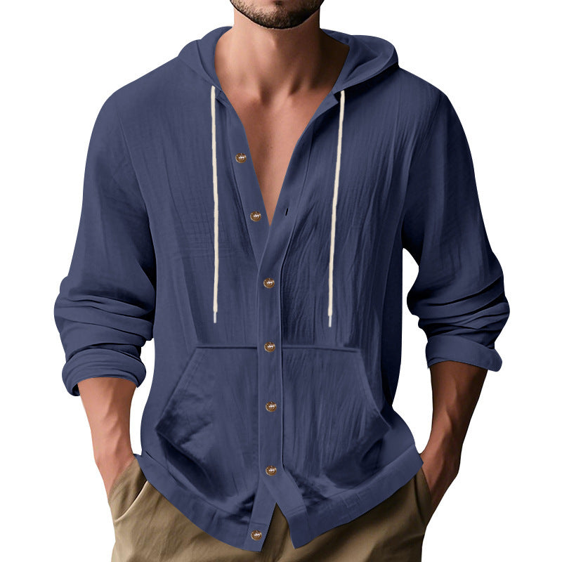 Relaxed-fit Men's Linen Casual Hoodie Long-sleeve Shirt