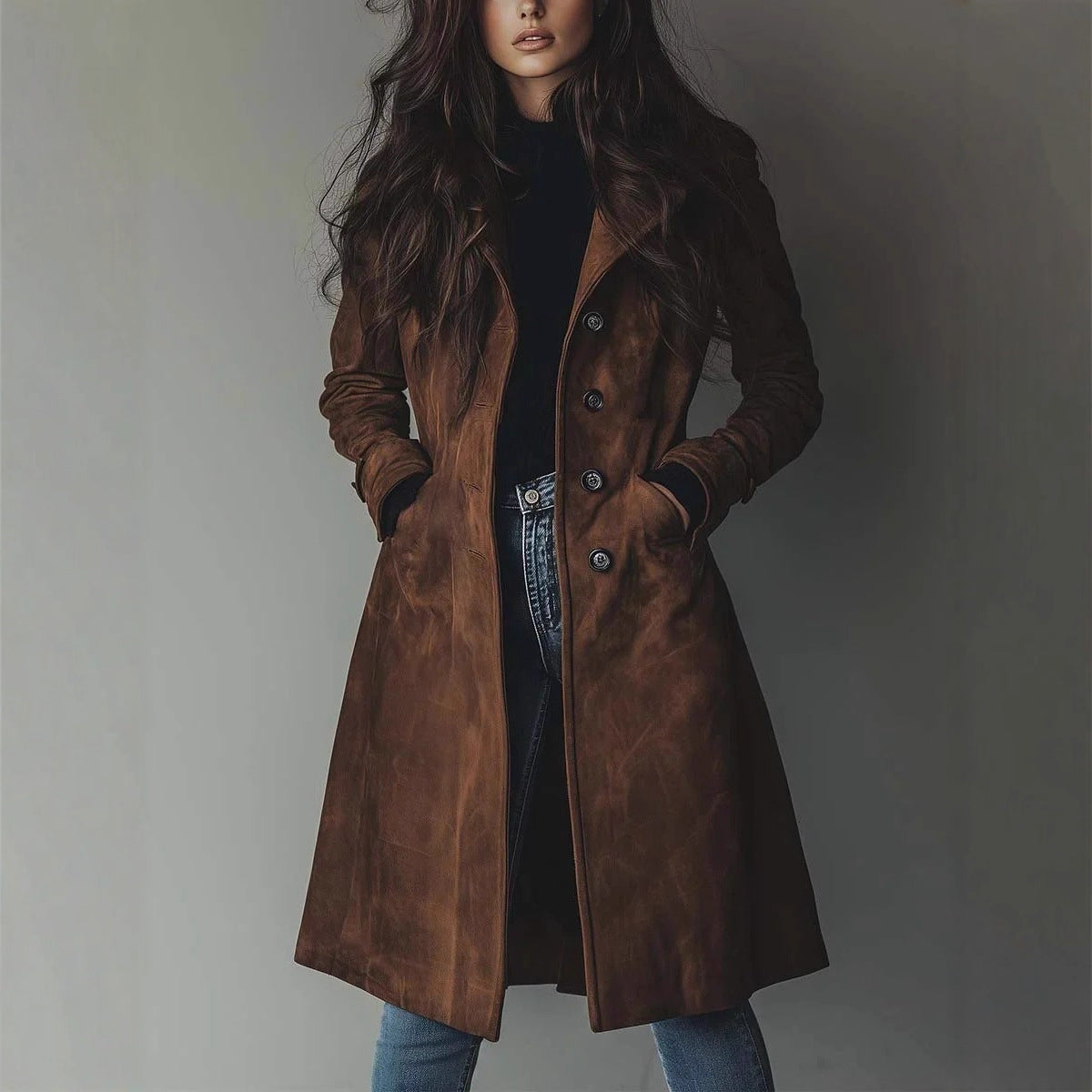 Womens Western Style Long Trench Coat in Suede