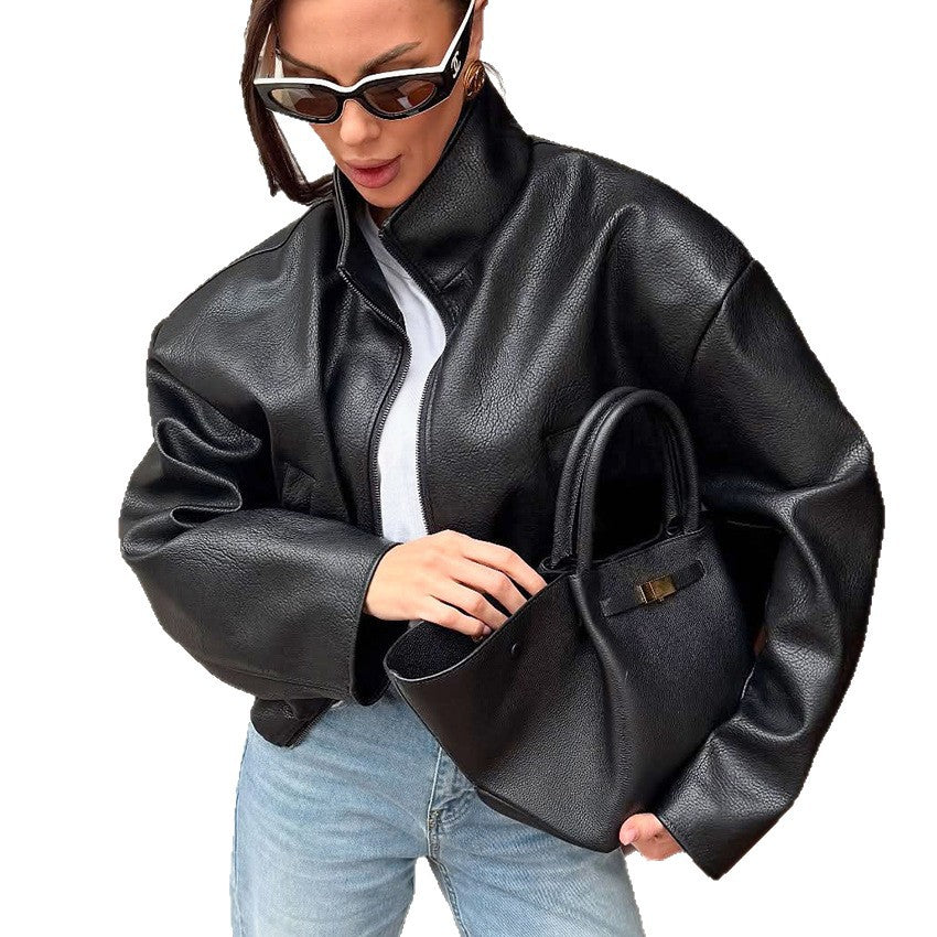 Black Loose-fitting Leather Jacket