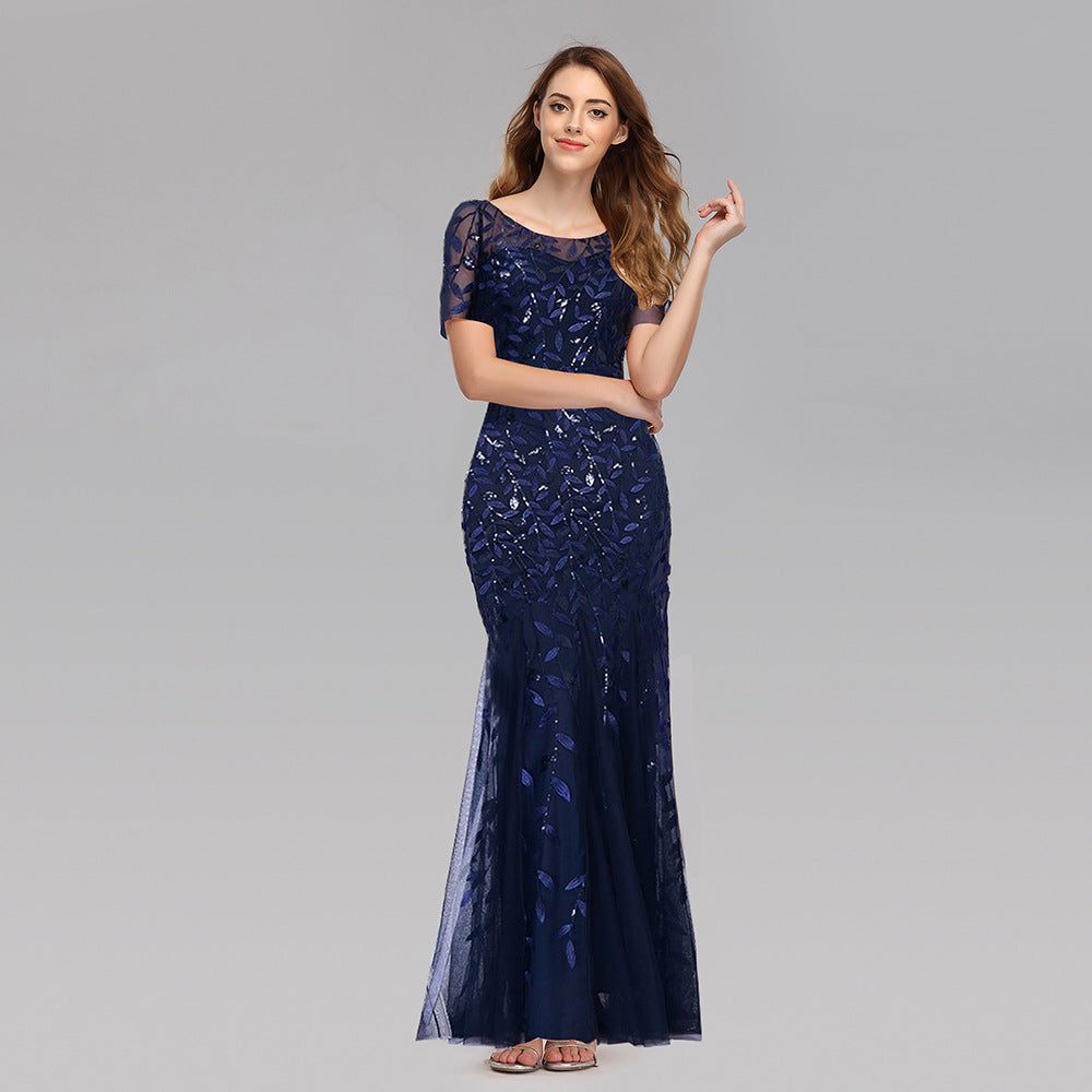 Gauze Sequin Evening Dress Fish tail Dress