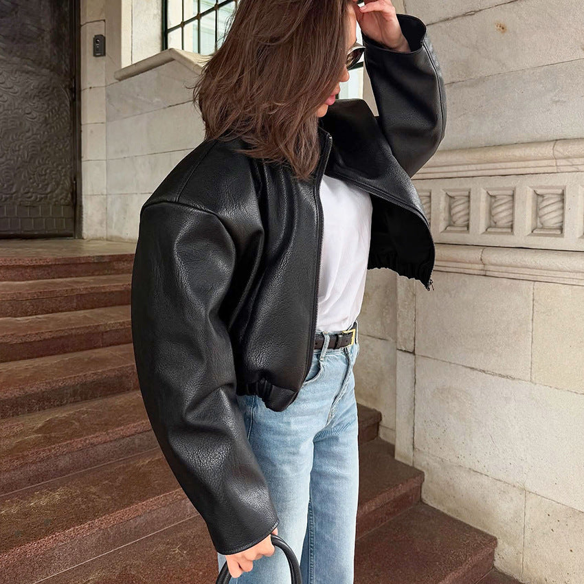 Black Loose-fitting Leather Jacket