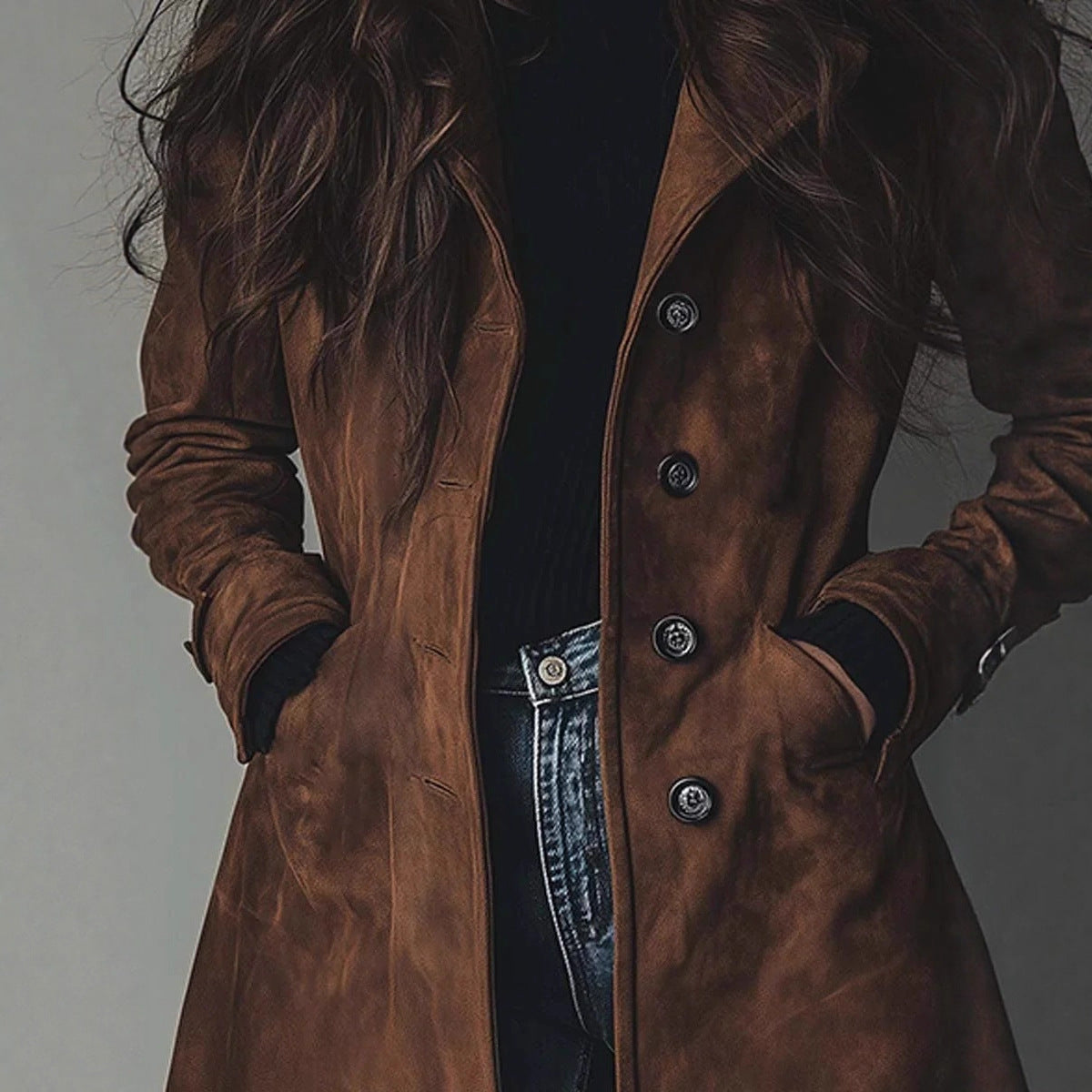 Womens Western Style Long Trench Coat in Suede