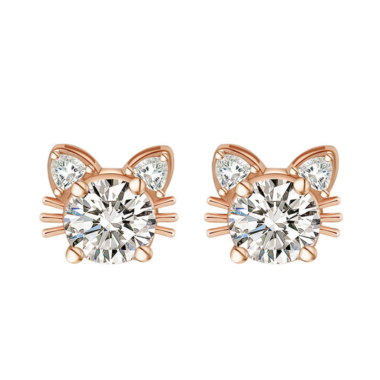 Cat-shaped earrings with rose gold and clear gemstones on a white background
