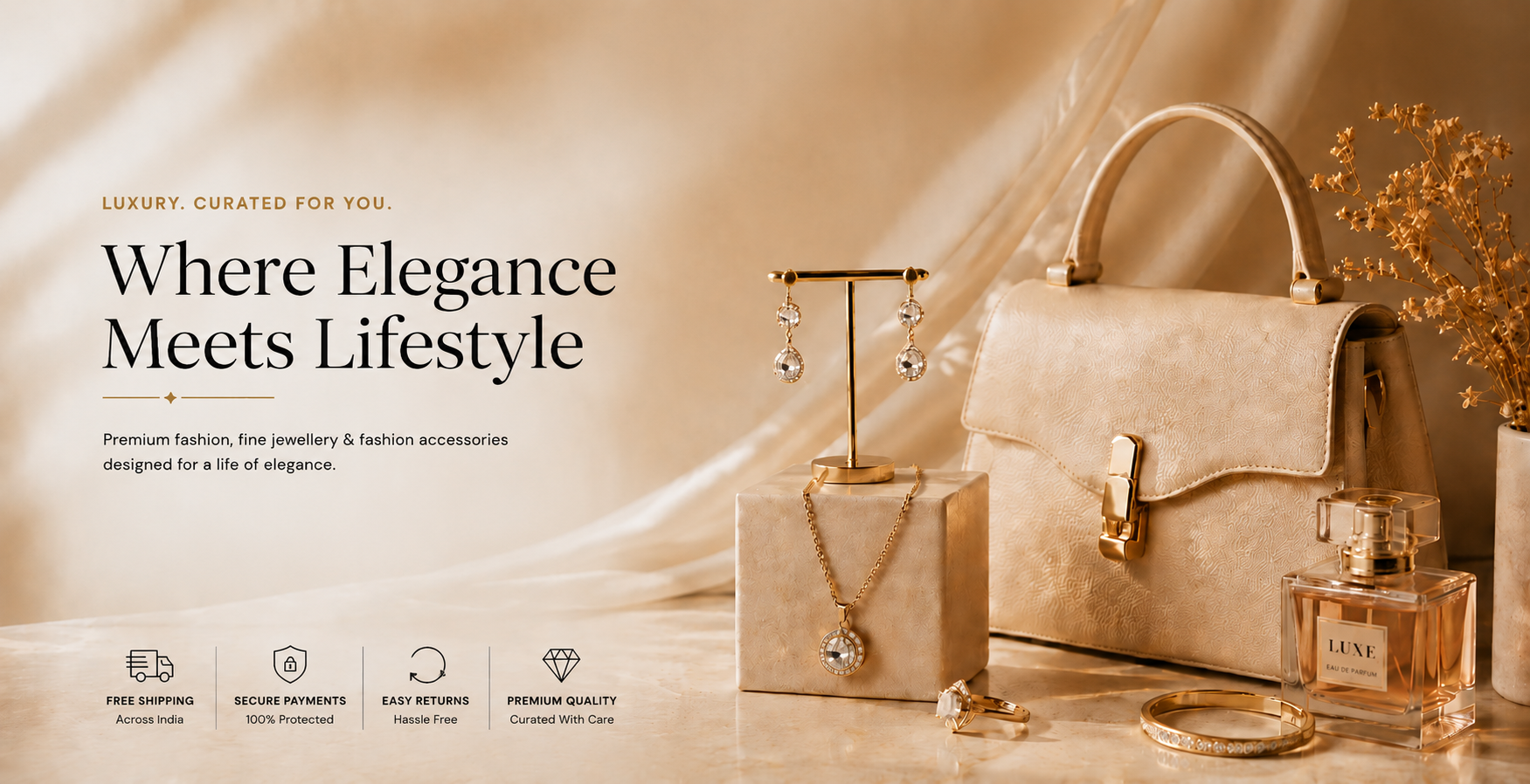 Luxury fashion and lifestyle products including a handbag, jewelry, and perfume on a soft beige background.