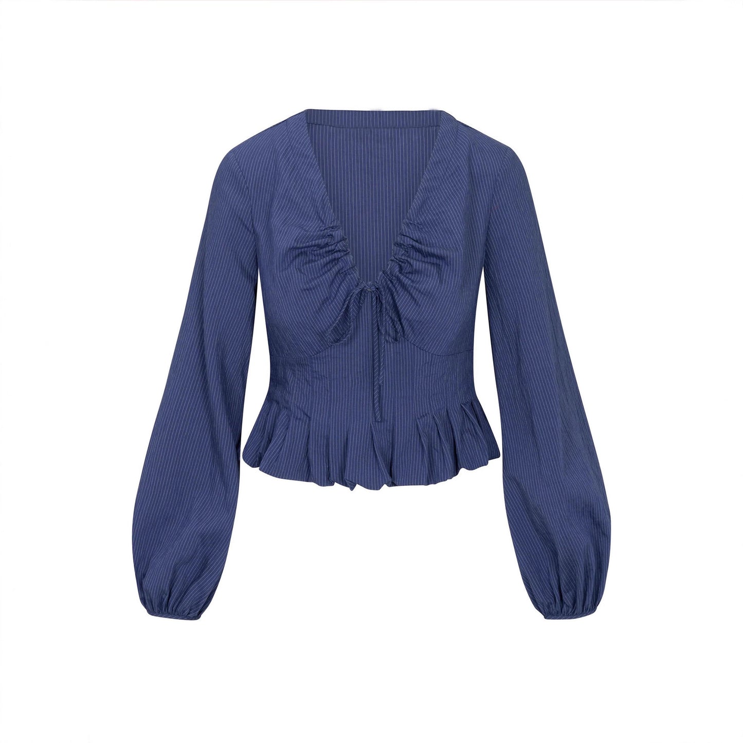 Gentle V-neck Top With Drawstring And Ruffled Hem Detailing