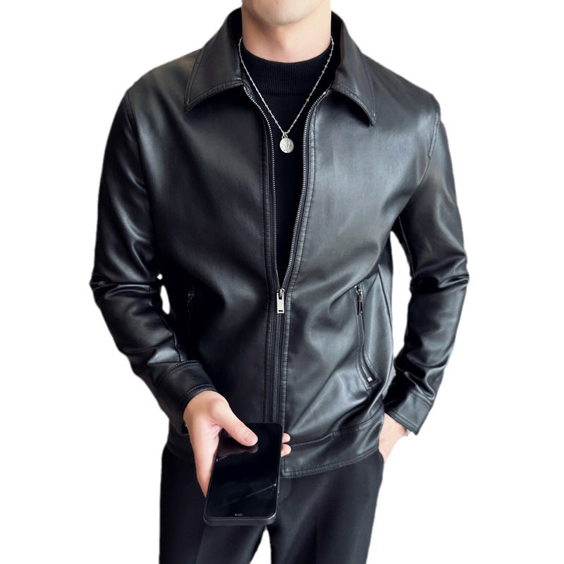 Men's Casual Solid Color Windproof Handsome PU Leather Jacket Top