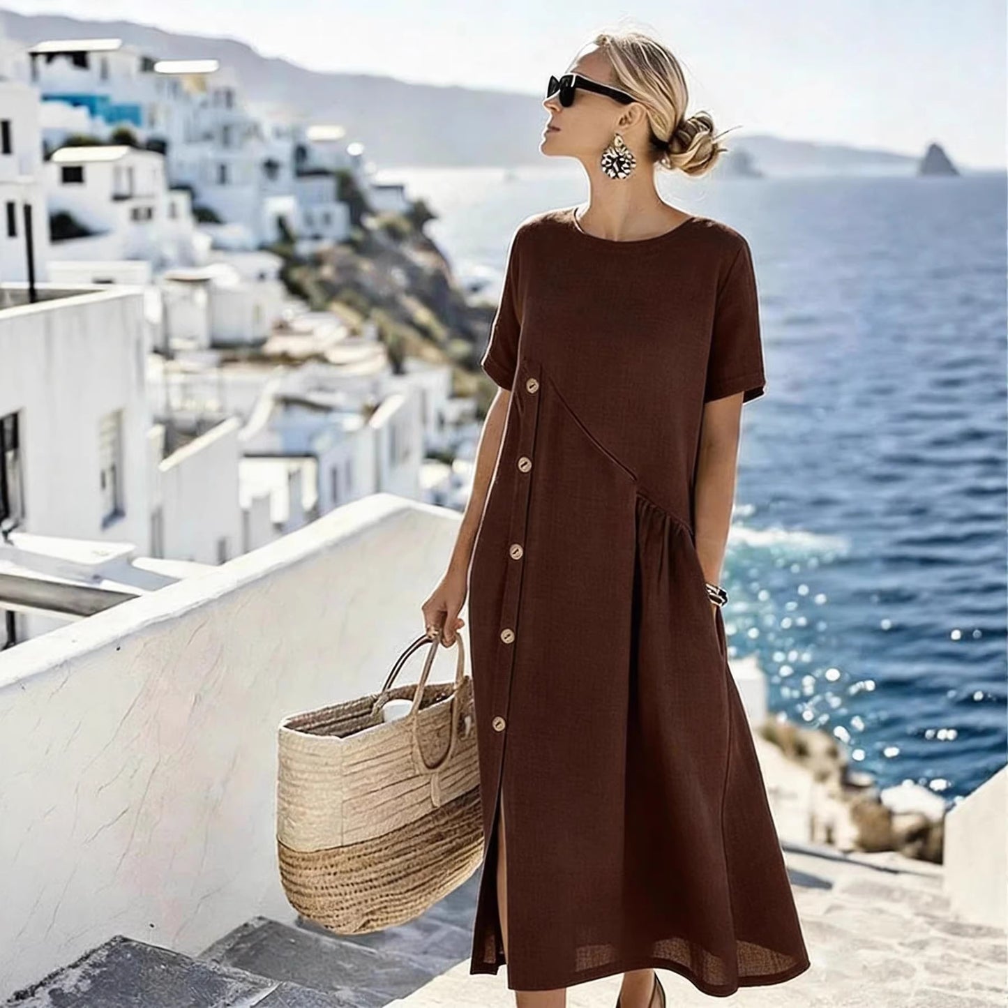 Button embellished pleated pocket mid-length dress
