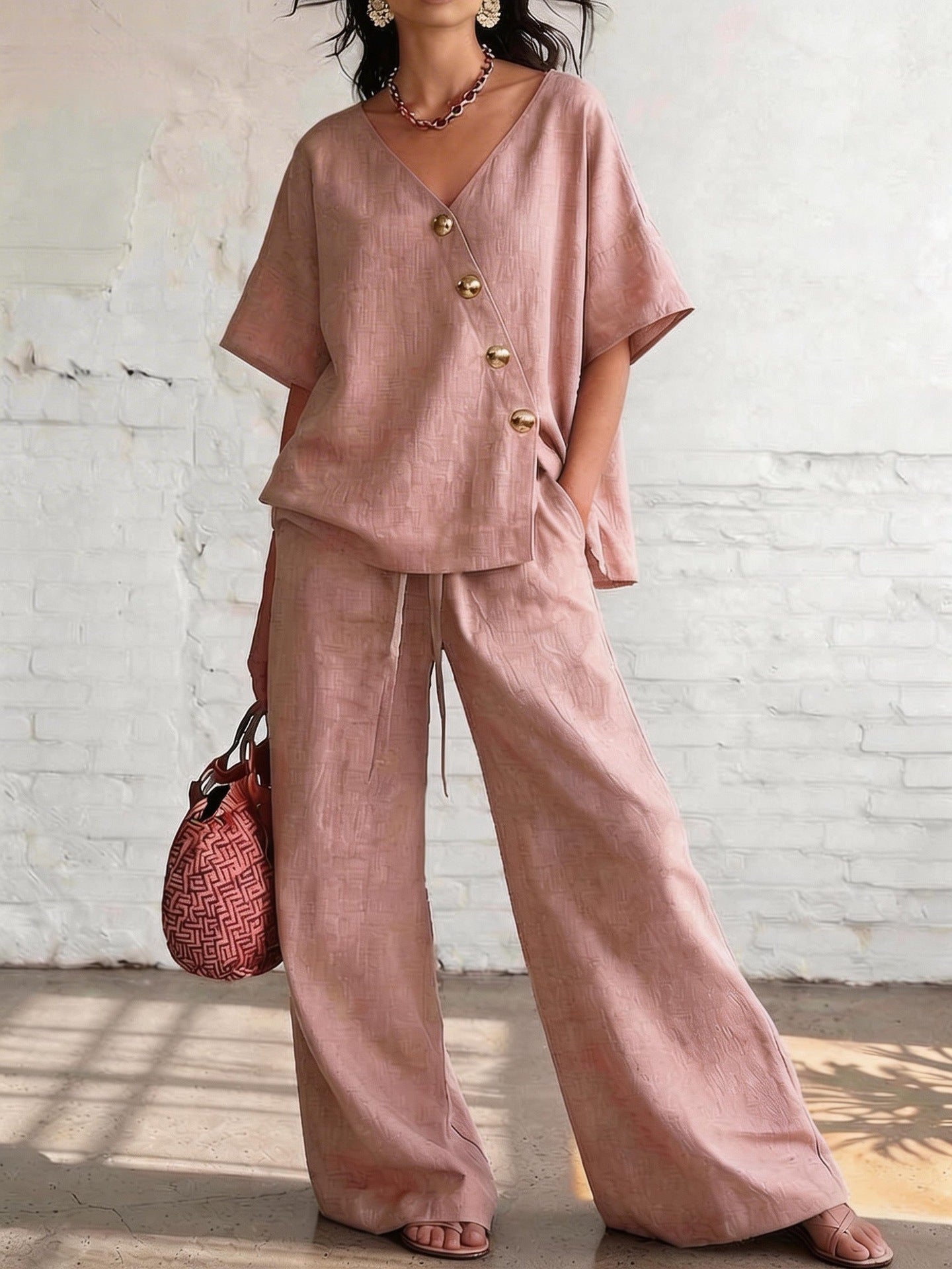 V-Neck Top & Wide-Leg Pants -Co ord Set in Loose Fit