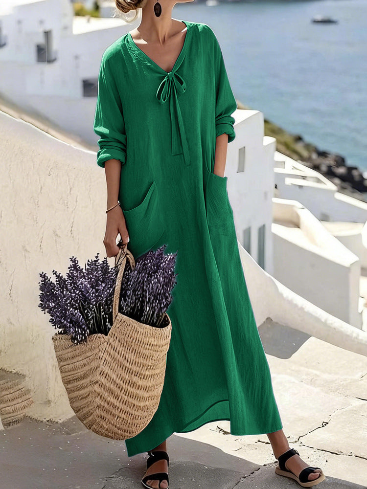 Womens Casual V-Neck Long-Sleeve Loose Cotton-Linen Solid-Color Dress