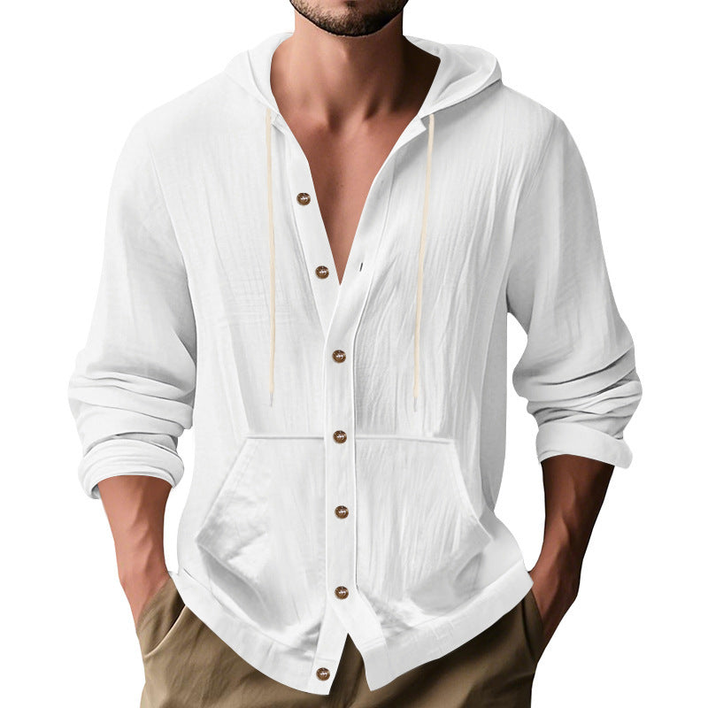 Relaxed-fit Men's Linen Casual Hoodie Long-sleeve Shirt