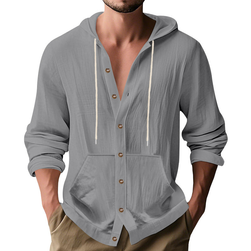 Relaxed-fit Men's Linen Casual Hoodie Long-sleeve Shirt