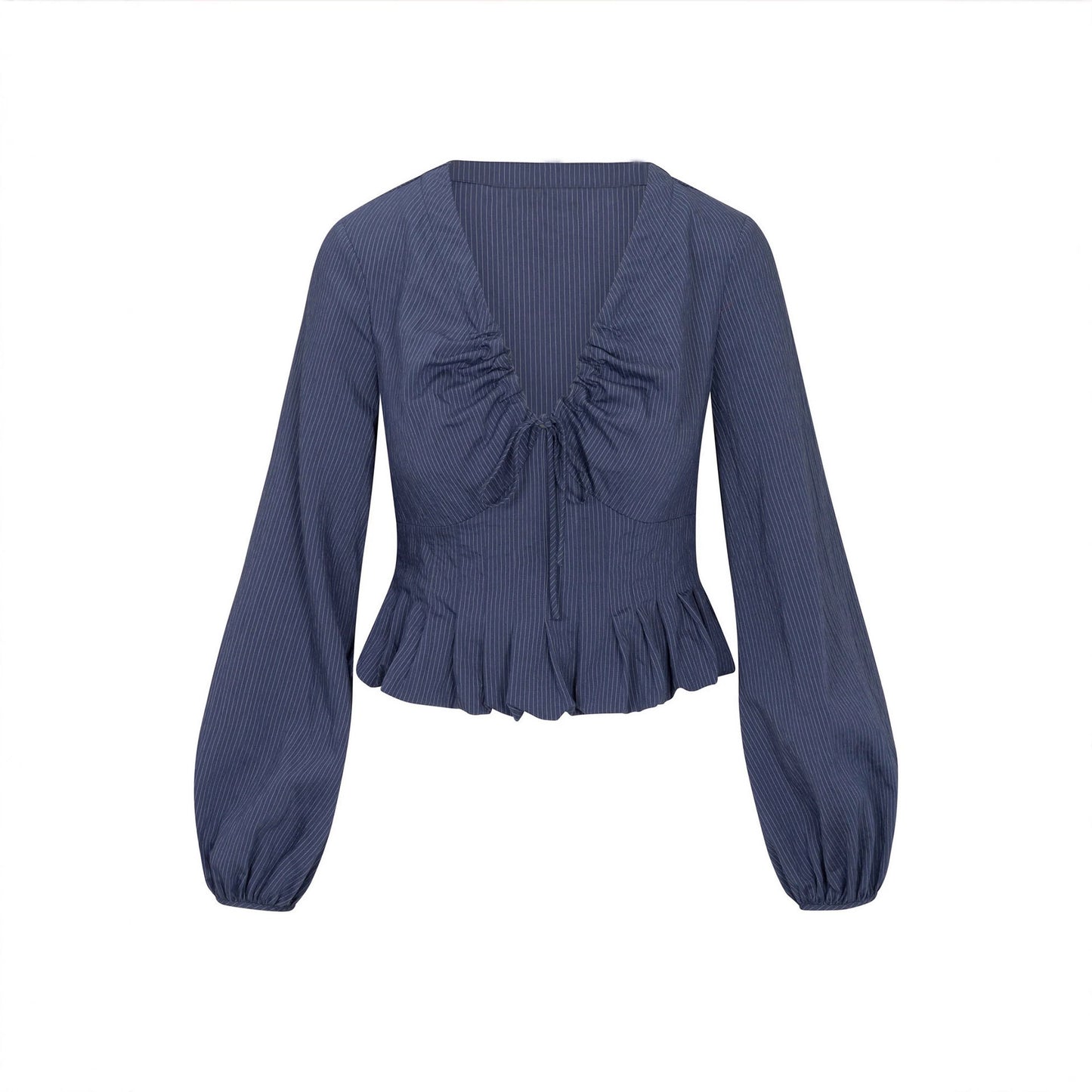 Gentle V-neck Top With Drawstring And Ruffled Hem Detailing